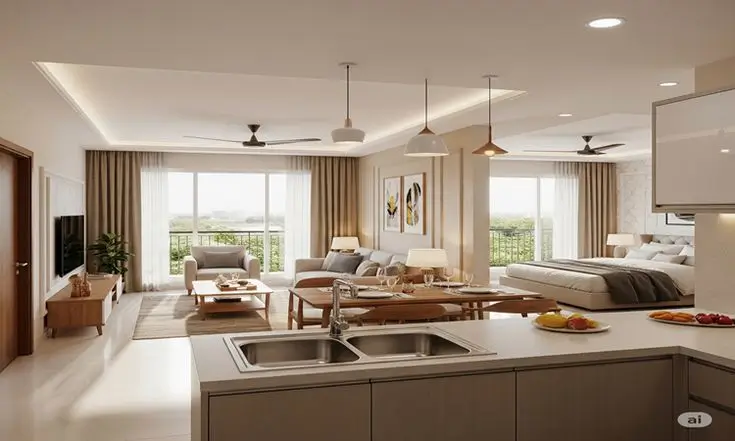 Luxury hotel suite interior — neutral bedding, warm light
