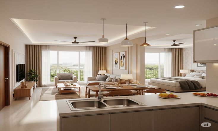 Luxury hotel suite interior — neutral bedding, warm light